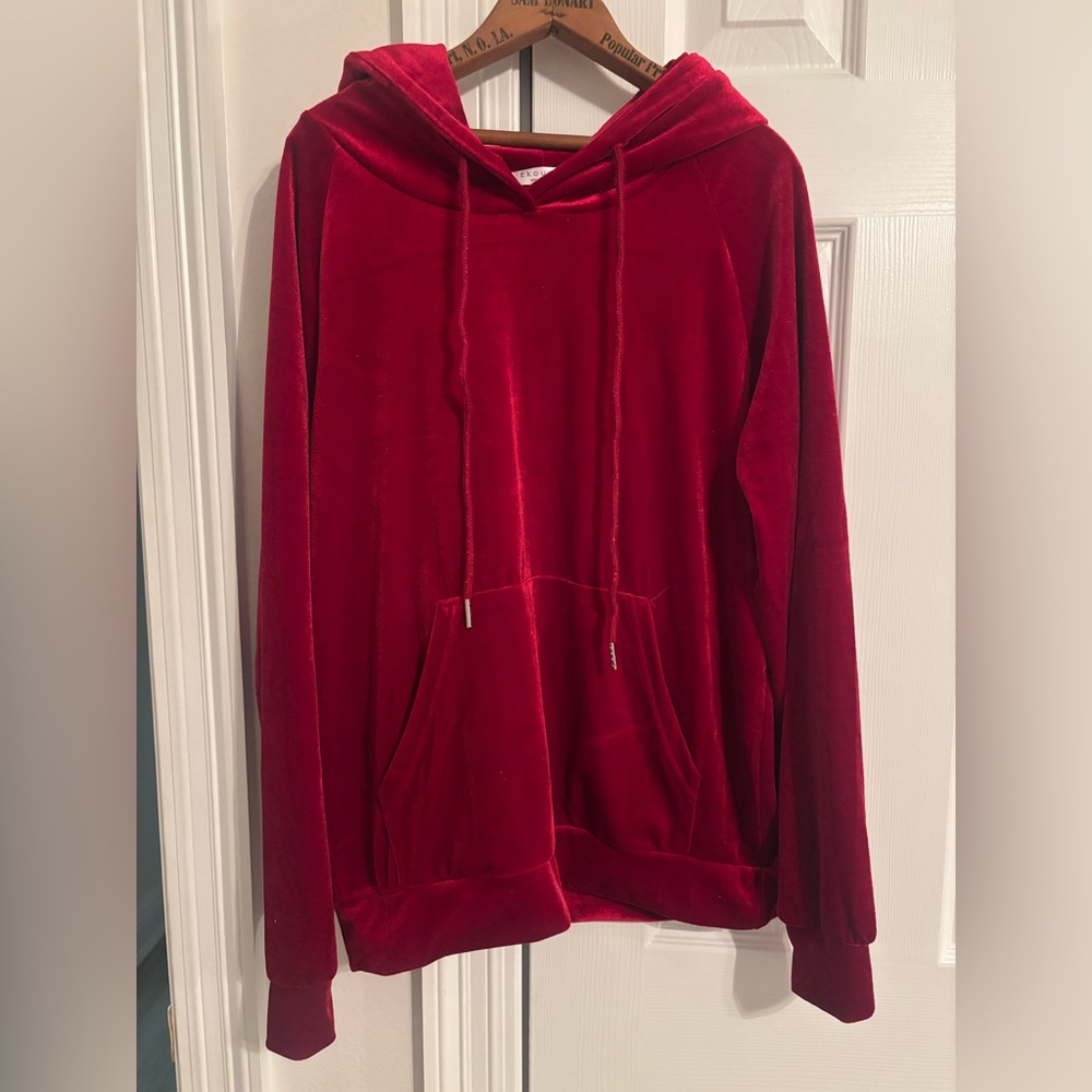 Deep/Dark Red Velour-Like Hoodie